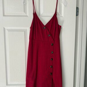 Lulus - Terrace Sunset Berry Red Button-Front Midi Dress - Size Small